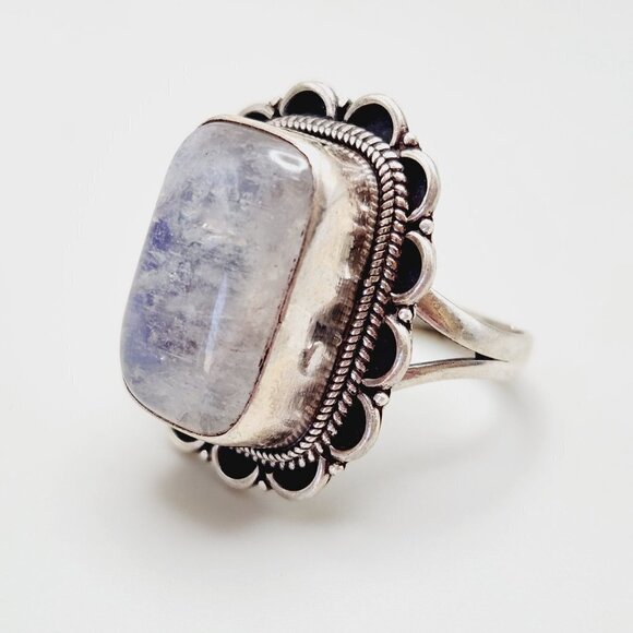 Chunky Moonstone Flash Square Framed 925 Sterling Silver Ring Adjustable - Picture 5 of 7